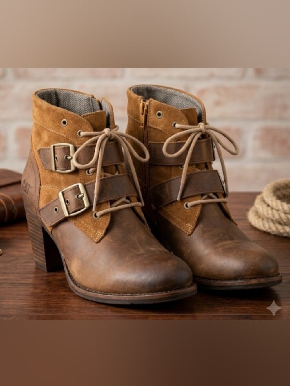 Caterpillar "Briony" Brown Tan Leather & Suede Waterproof Ankle Boots (Sz 10)